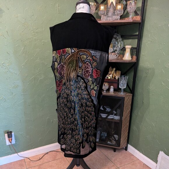 Aris A Burnout Velvet Beaded Peacock/Floral Sleeveless Duster LARGE NWOT - Picture 4 of 8